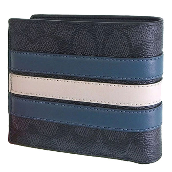 Coach Men 3-In-1 Wallet In Signature Canvas With Varsity Stripe Charcoal Black Denim Blue Chalk Off White # CW385