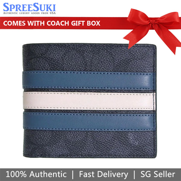 Coach Men 3-In-1 Wallet In Signature Canvas With Varsity Stripe Charcoal Black Denim Blue Chalk Off White # CW385