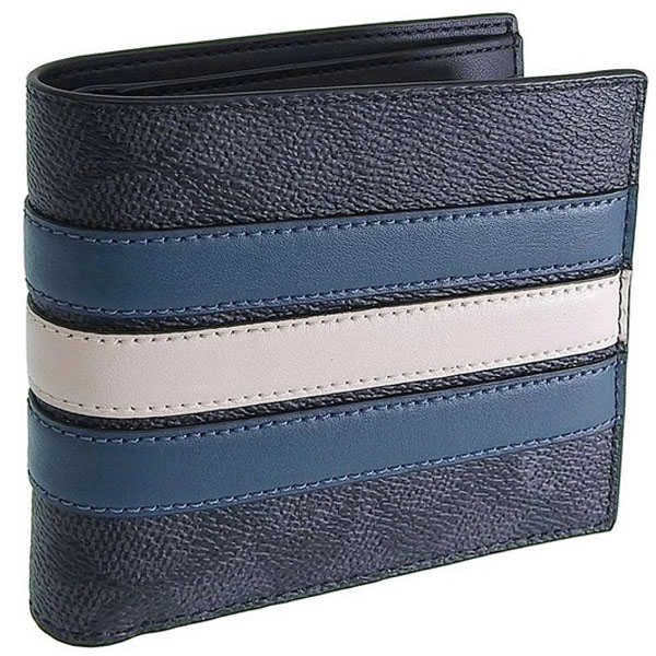 Coach Men 3-In-1 Wallet In Signature Canvas With Varsity Stripe Charcoal Black Denim Blue Chalk Off White # CW385