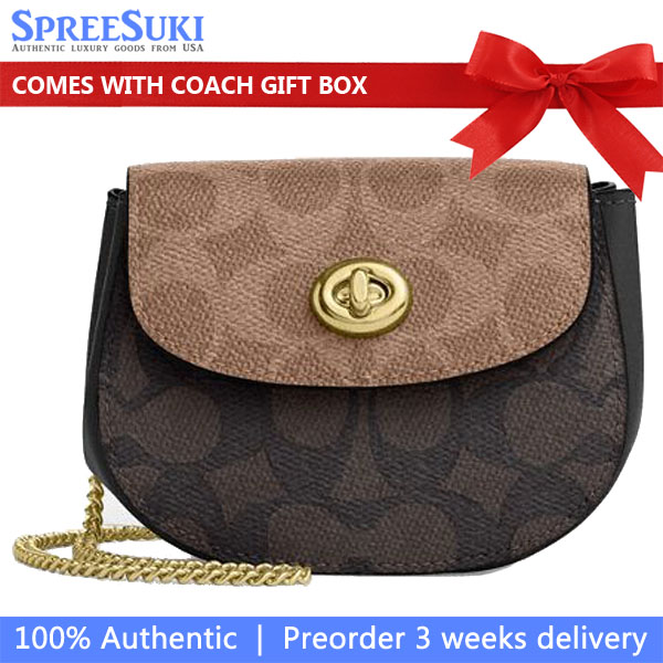 Coach Turnlock Card Case In Blocked Signature Canvas Walnut Tan # CZ474