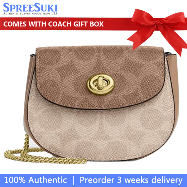 Coach Turnlock Card Case In Blocked Signature Canvas Sand Tan # CZ474