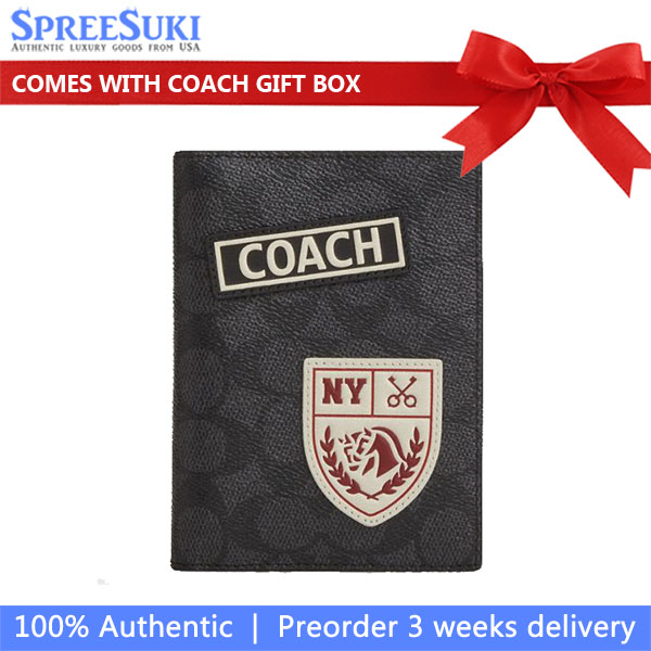 Coach Passport Card Case In Signature Canvas With Patches Gunmetal Charcoal Multi # CY902