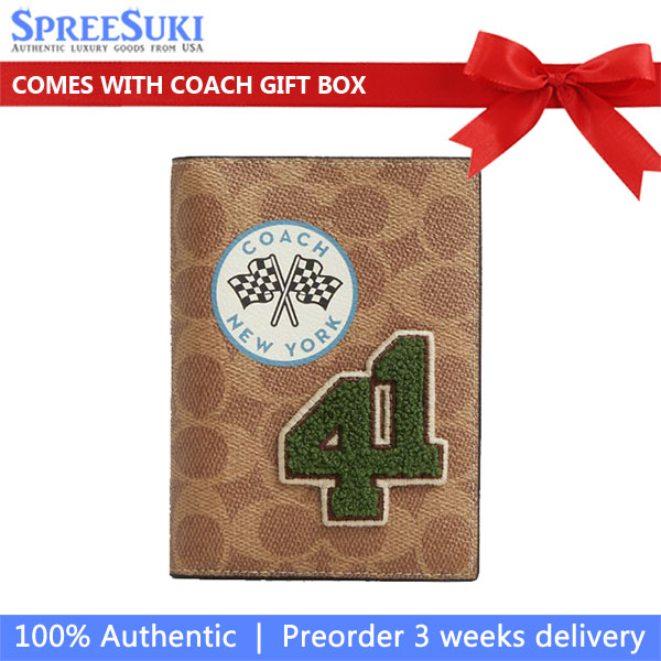 Coach Passport Card Case In Signature Canvas With Patches Gunmetal Tan Multi # CY903