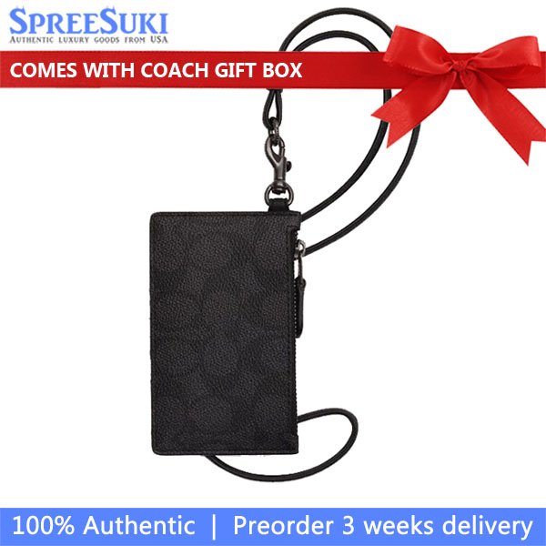 Coach Zip Lanyard Card Case In Signature Canvas Gunmetal Charcoal Black # CAJ46