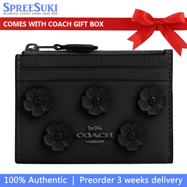 Coach Mini Skinny Id Case With Floral Applique Gunmetal Black # CAT65
