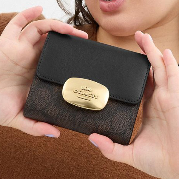 Coach Eliza Small Wallet In Signature Canvas Walnut Black # CW801
