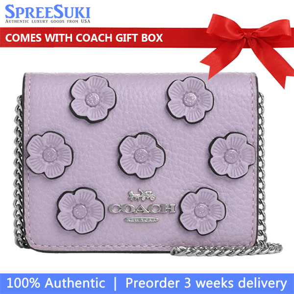 Coach Mini Wallet On A Chain With Floral Applique Silver Lilac # CAL71