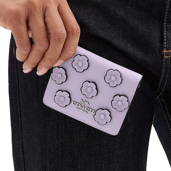 Coach Mini Wallet On A Chain With Floral Applique Silver Lilac # CAL71