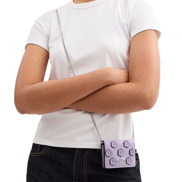 Coach Mini Wallet On A Chain With Floral Applique Silver Lilac # CAL71