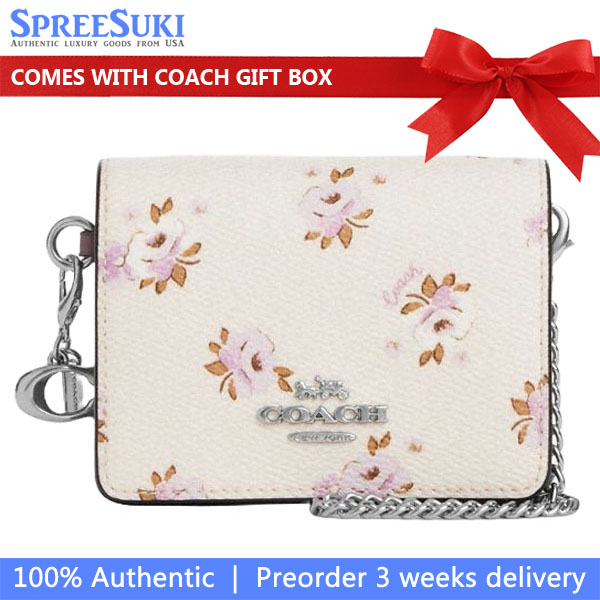 Coach Boxed Mini Wallet On A Chain With Floral Print Silver Chalk Multi # CAL70
