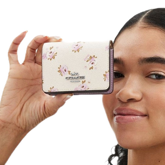 Coach Boxed Mini Wallet On A Chain With Floral Print Silver Chalk Multi # CAL70