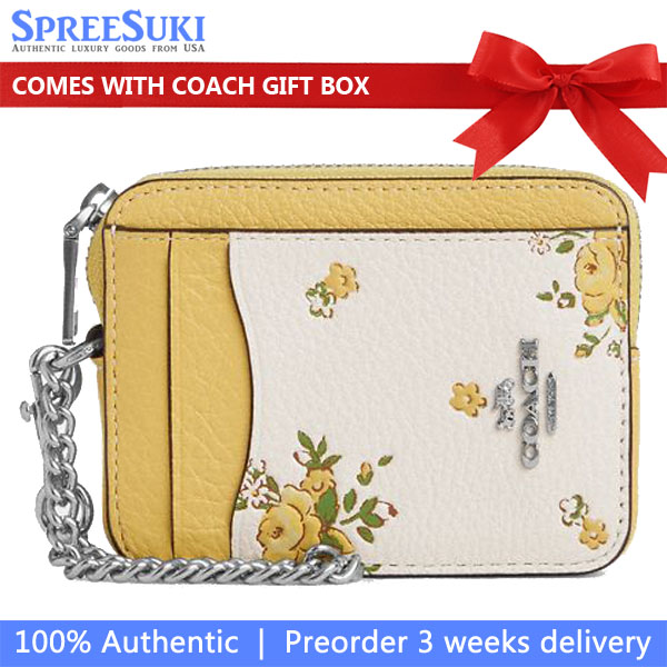 Coach Zip Card Case With Floral Print Silver Chalk Multi # CAU44