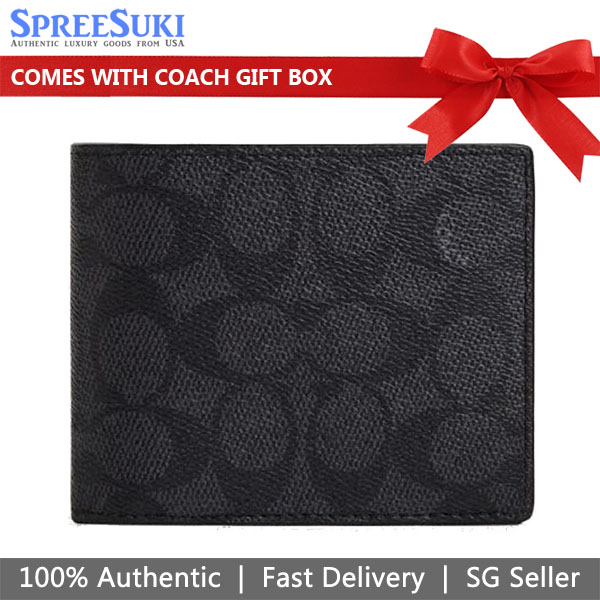 Coach Men Compact Id Wallet In Signature Charcoal / Black # CW380