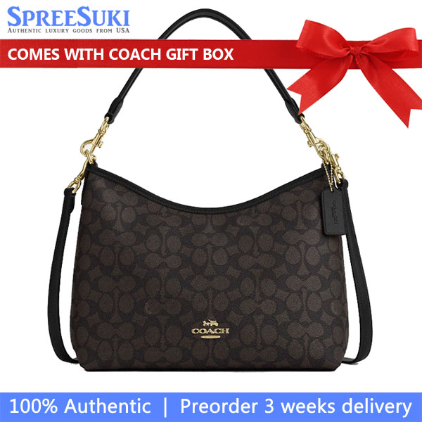 Coach Laurel Shoulder Bag In Signature Canvas Walnut Black # CV975