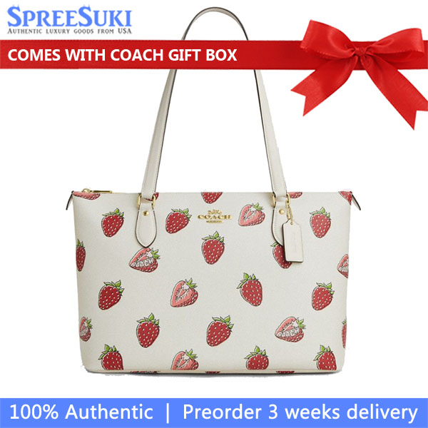 Coach Gallery Tote Bag With Strawberry Print Chalk Multi # CAR34