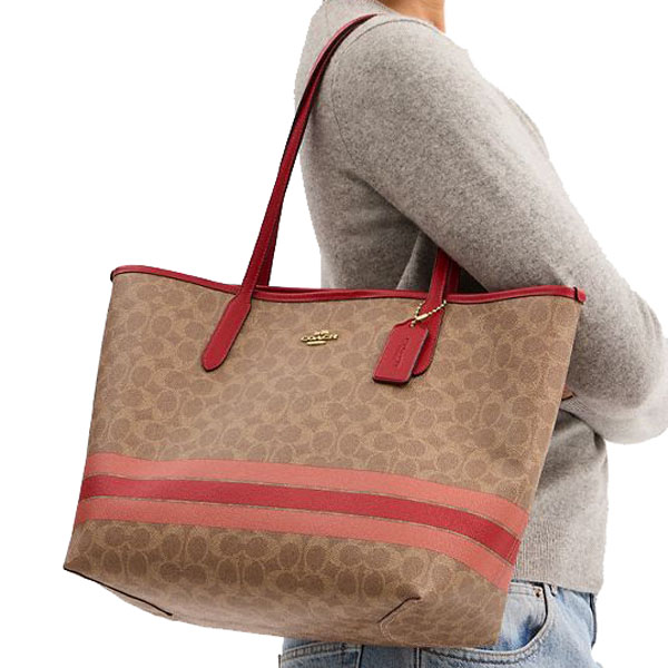 Coach City Tote Bag In Signature Canvas With Stripe Tan Multi # CAL86