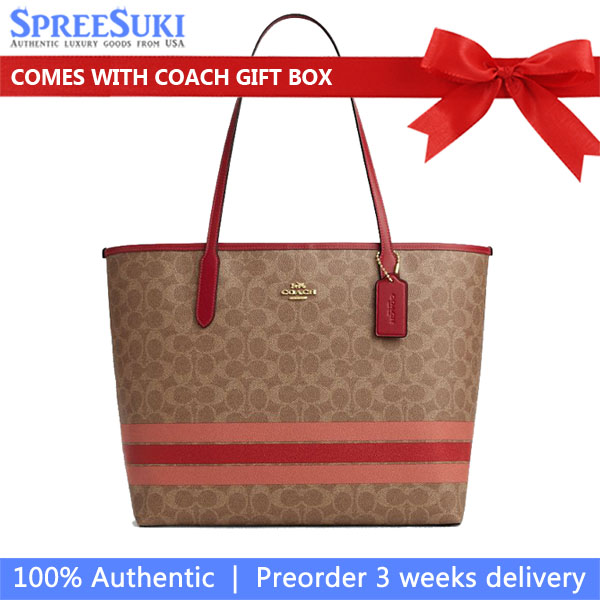 Coach City Tote Bag In Signature Canvas With Stripe Tan Multi # CAL86
