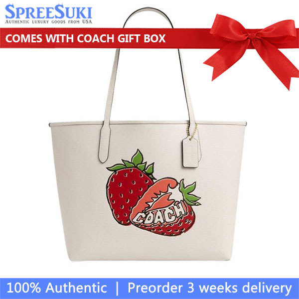 Coach City Tote Bag With Strawberry Graphic Chalk Multi # CAL64