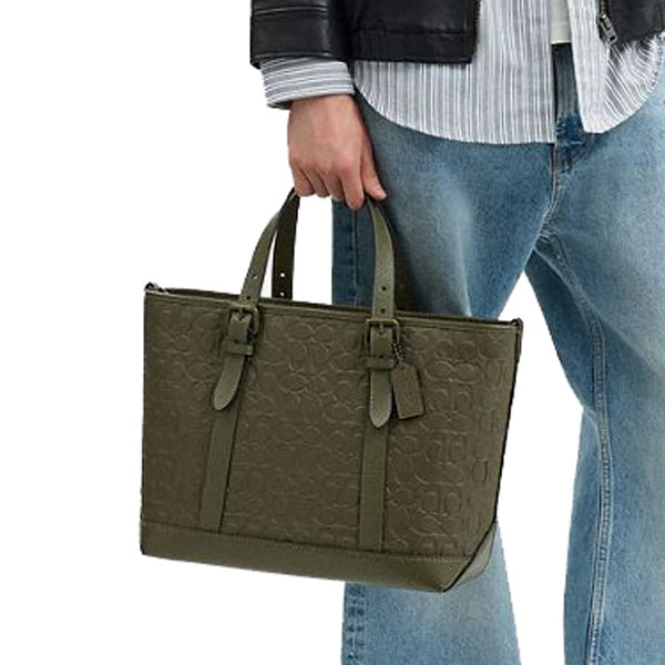 Coach Warner Tote Bag In Signature Leather Olive Drab # CAJ78
