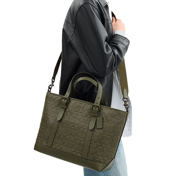 Coach Warner Tote Bag In Signature Leather Olive Drab # CAJ78