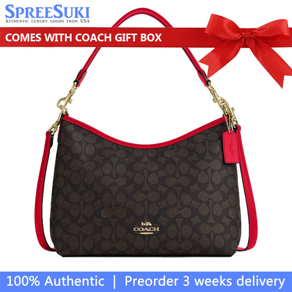 Coach Laurel Shoulder Bag In Signature Canvas Walnut Bold Red # CV975