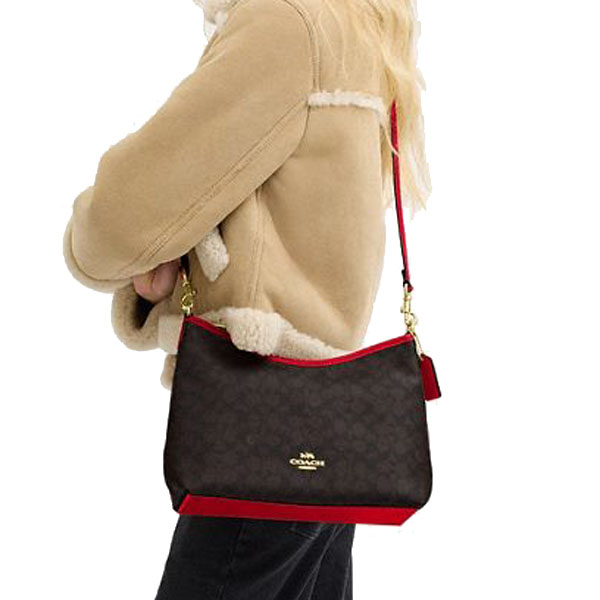 Coach Laurel Shoulder Bag In Signature Canvas Walnut Bold Red # CV975