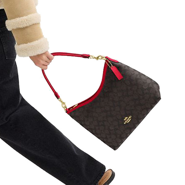 Coach Laurel Shoulder Bag In Signature Canvas Walnut Bold Red # CV975