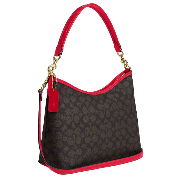Coach Laurel Shoulder Bag In Signature Canvas Walnut Bold Red # CV975