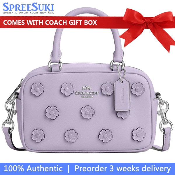 Coach Satchel Crossbody Bag With Floral Applique Silver Lilac # CAJ99