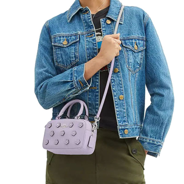 Coach Satchel Crossbody Bag With Floral Applique Silver Lilac # CAJ99