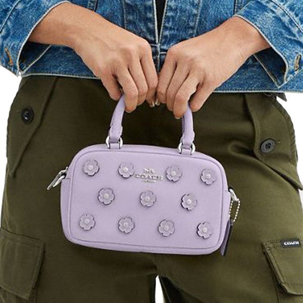 Coach Satchel Crossbody Bag With Floral Applique Silver Lilac # CAJ99