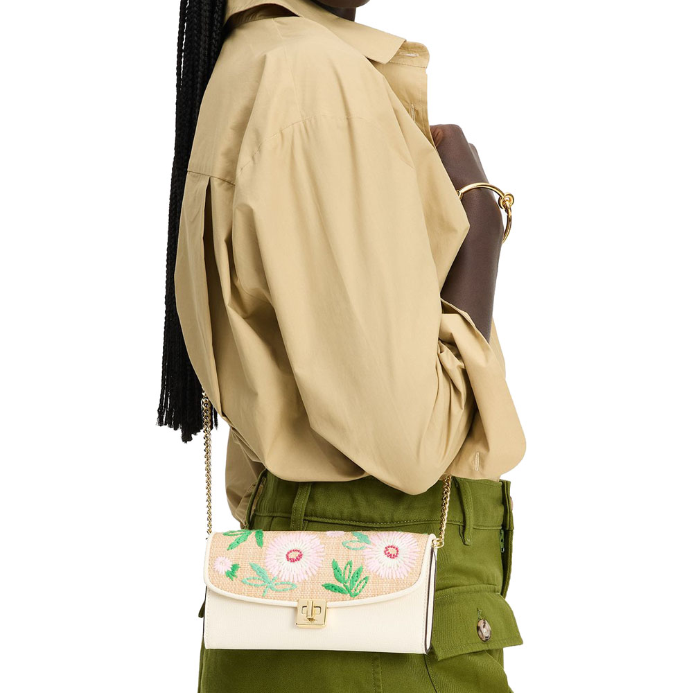 Kate Spade Phoebe Straw Turnlock Wallet-On-Chain Natural Multi # KK919