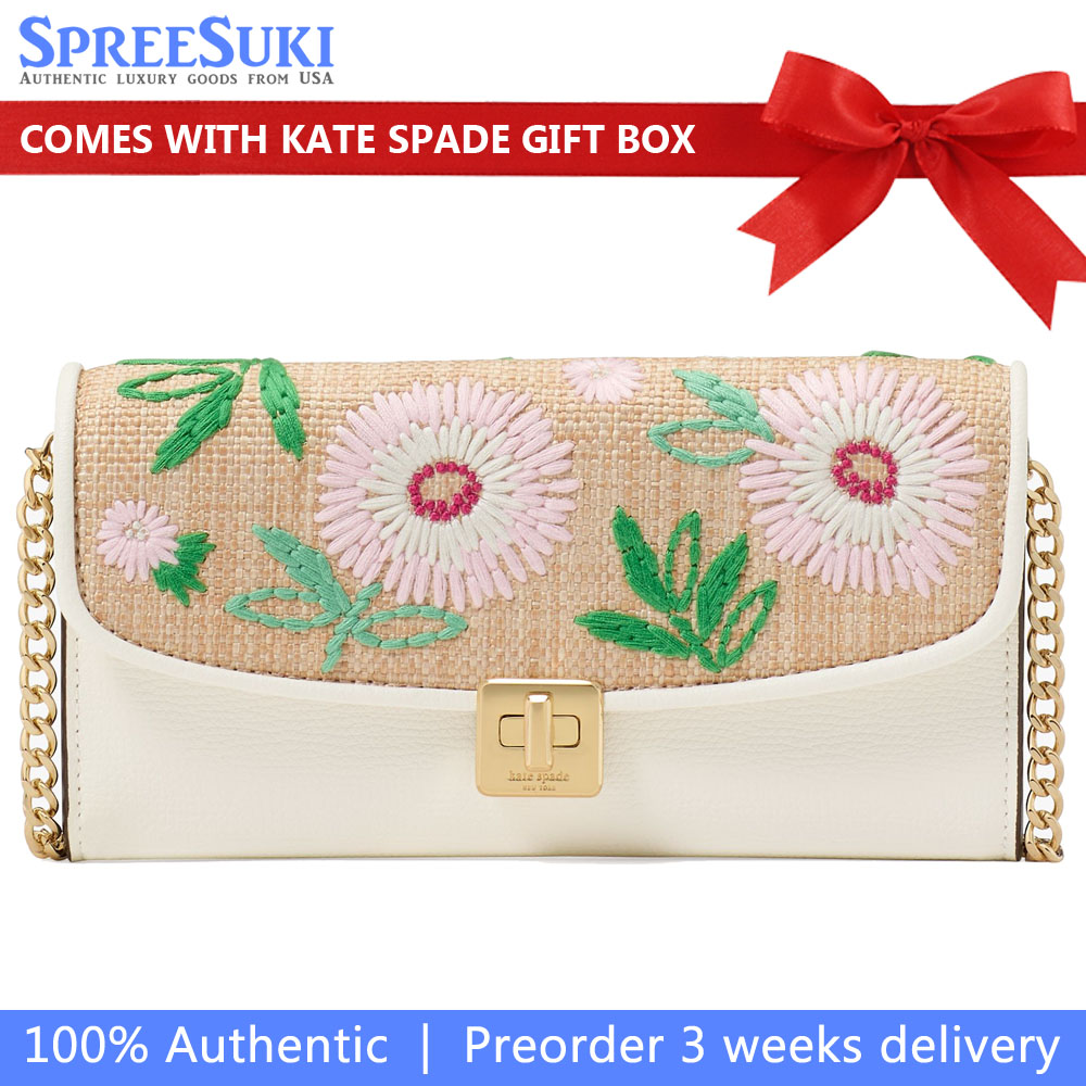Kate Spade Phoebe Straw Turnlock Wallet-On-Chain Natural Multi # KK919