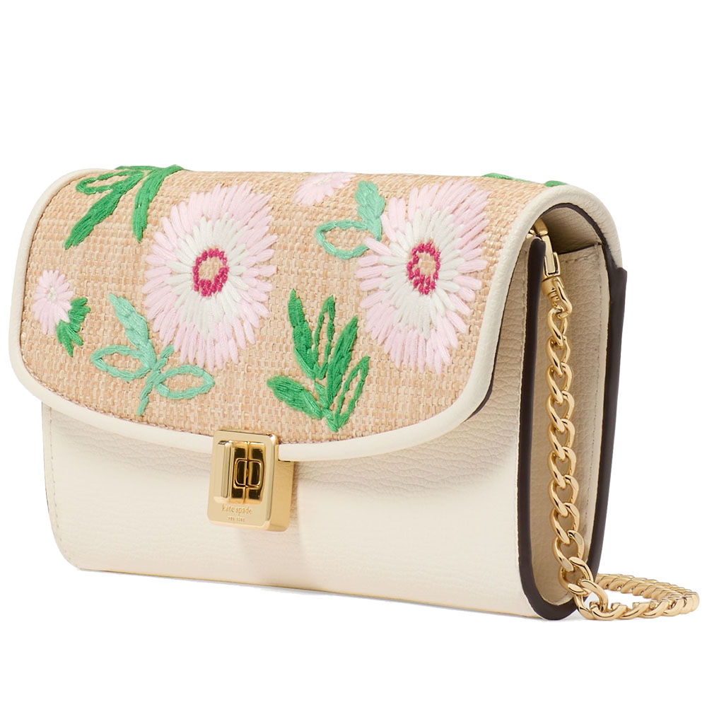 Kate Spade Phoebe Straw Turnlock Wallet-On-Chain Natural Multi # KK919