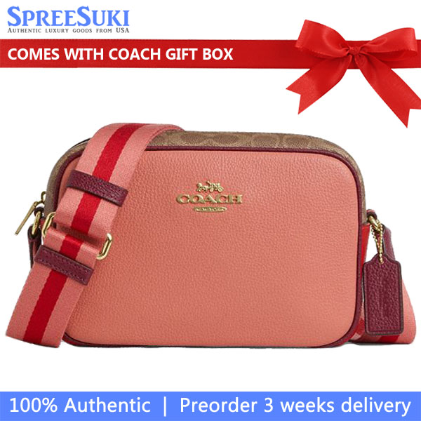 Coach Jamie Camera Bag In Colorblock Signature Canvas Tan Burnt Coral Multi # CBA60