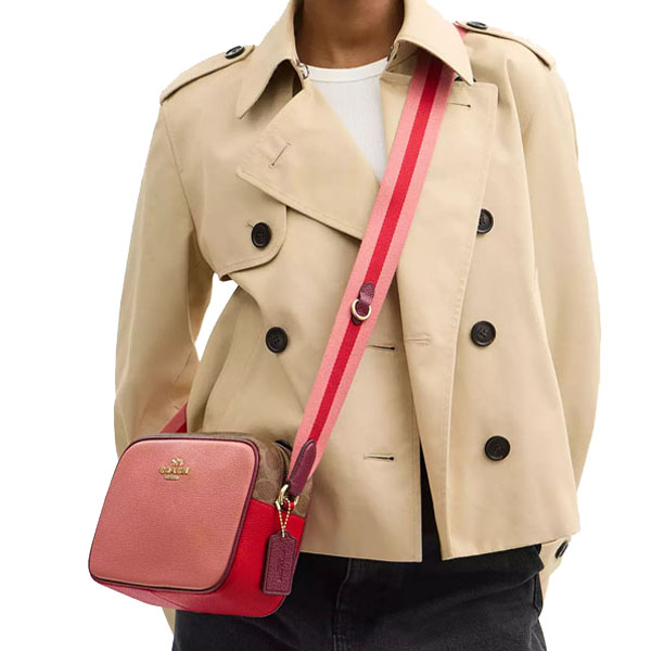 Coach Jamie Camera Bag In Colorblock Signature Canvas Tan Burnt Coral Multi # CBA60