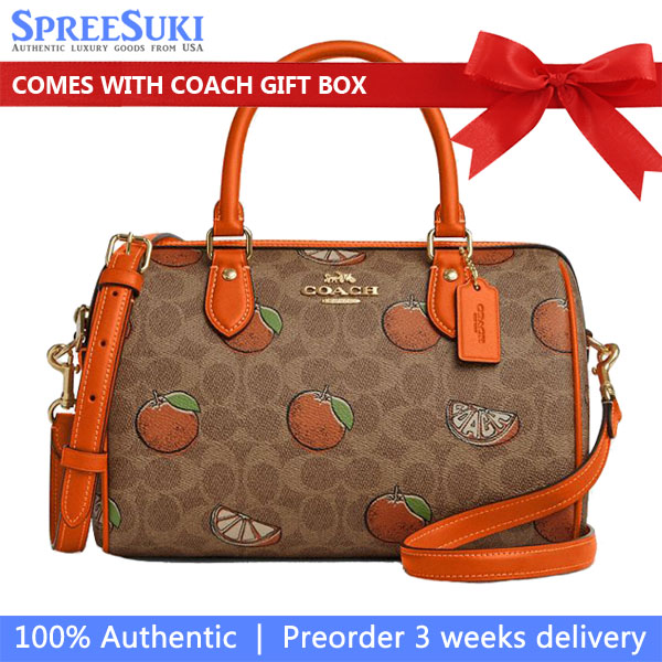 Coach Rowan Satchel Bag In Signature Canvas With Orange Print Tan Multi # CAQ61