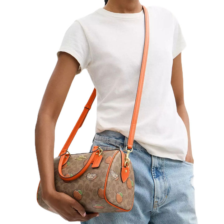 Coach Rowan Satchel Bag In Signature Canvas With Orange Print Tan Multi # CAQ61