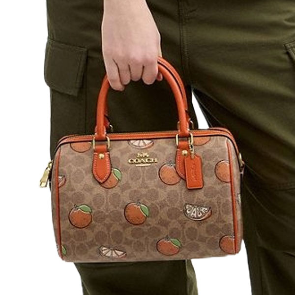 Coach Rowan Satchel Bag In Signature Canvas With Orange Print Tan Multi # CAQ61
