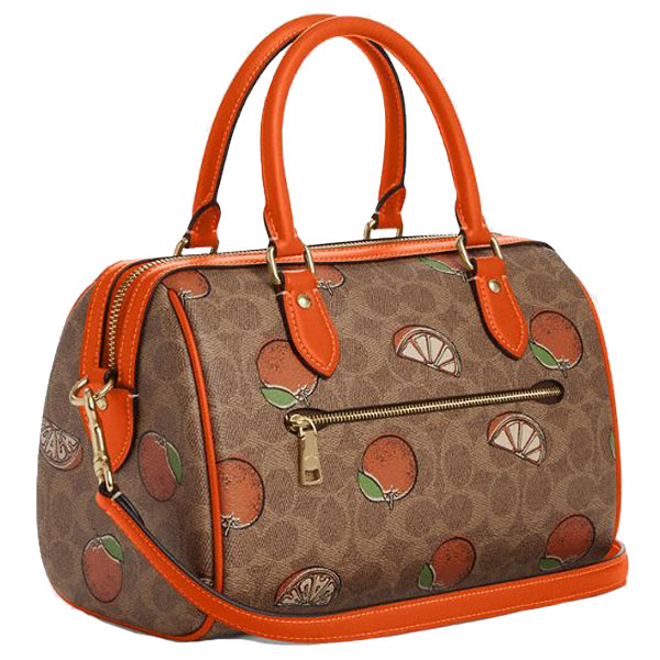Coach Rowan Satchel Bag In Signature Canvas With Orange Print Tan Multi # CAQ61