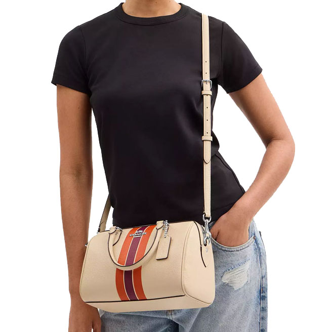 Coach Rowan Satchel Bag With Stripe Silver Ivory Multi # CAO70