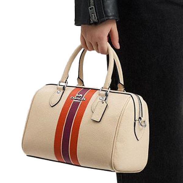 Coach Rowan Satchel Bag With Stripe Silver Ivory Multi # CAO70