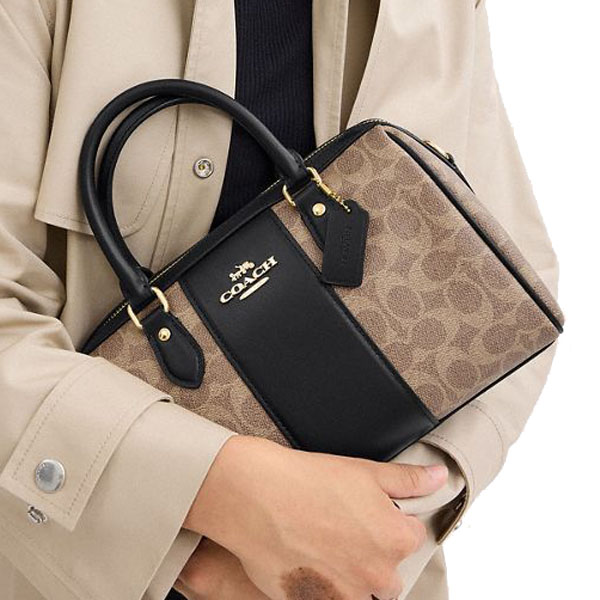 Coach Rowan Satchel Bag In Signature Canvas Tan Black # CW376