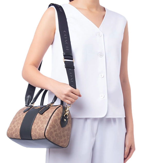 Coach Rowan Satchel Bag In Signature Canvas Tan Black # CW376