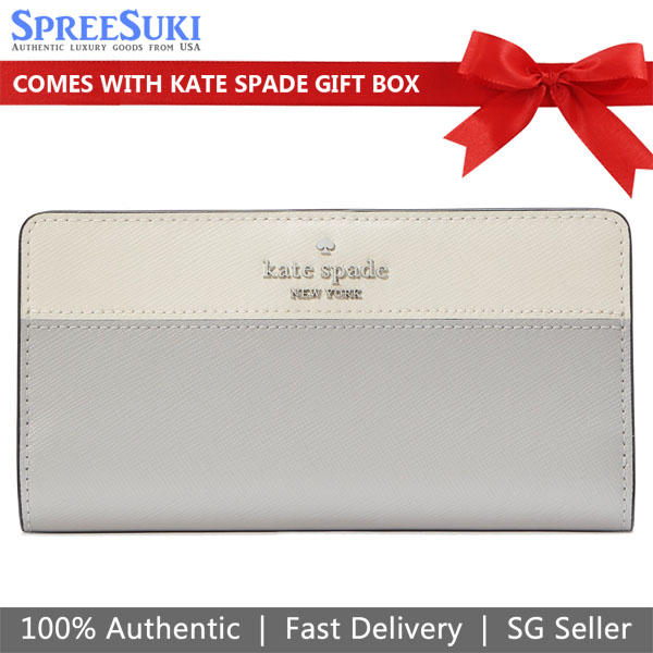 Kate Spade Long Wallet Madison Colorblock Saffiano Leather Large Slim Bifold Wallet Platinum Grey # KI367