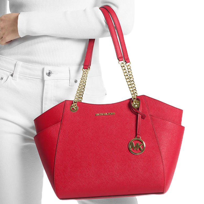 Michael Kors Jet Set Travel Large Chain Leather Shoulder Tote Bright Red # 35T5GTVT3L