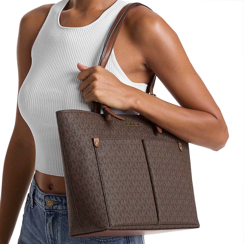 Michael Kors Jet Set Medium Logo Pocket Tote Bag Brown # 35F3GTVT3B