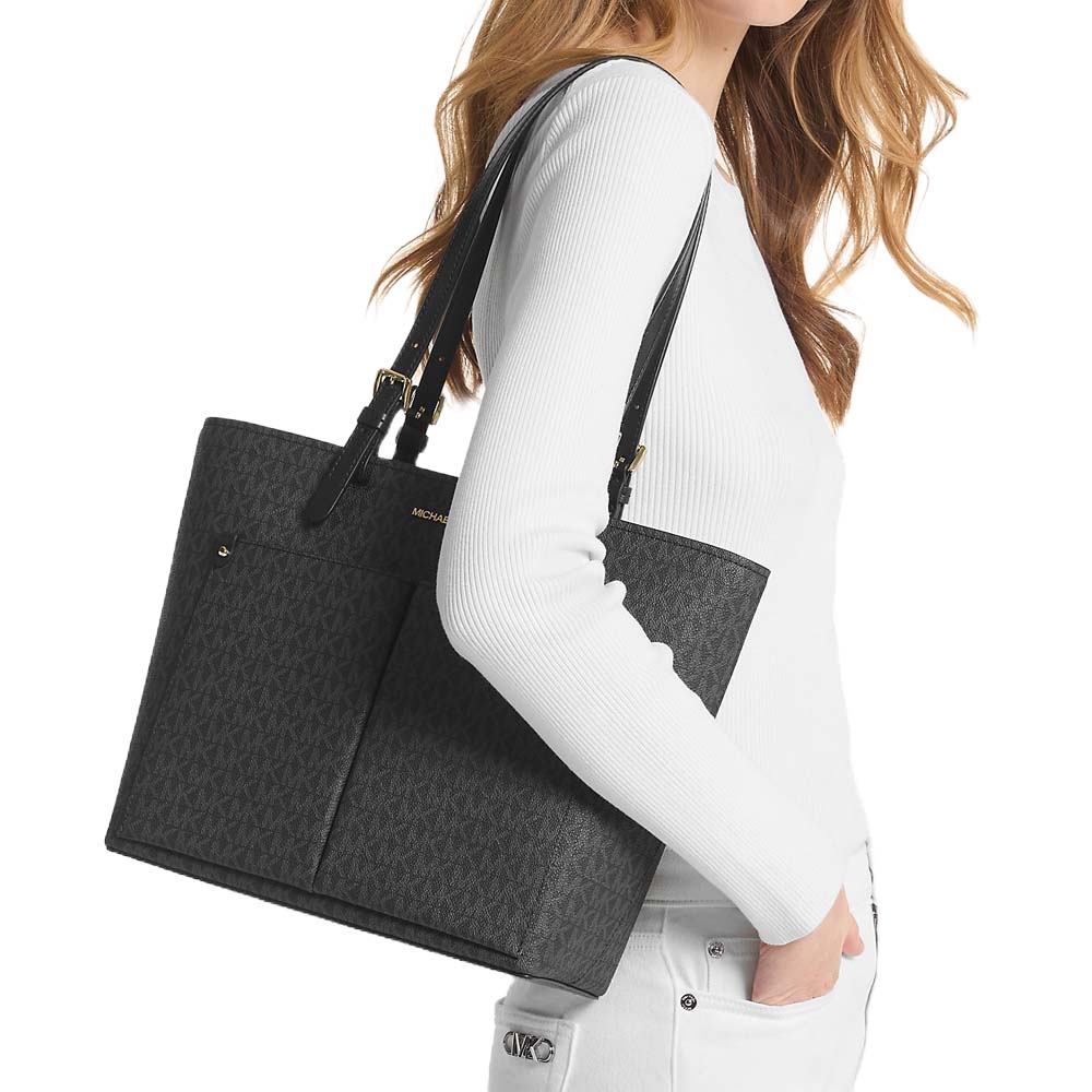 Michael Kors Jet Set Medium Logo Pocket Tote Bag Black # 35F3GTVT3B