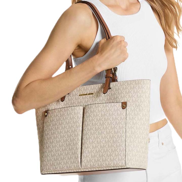 Michael Kors Jet Set Medium Logo Pocket Tote Bag Vanilla # 35F3GTVT3B