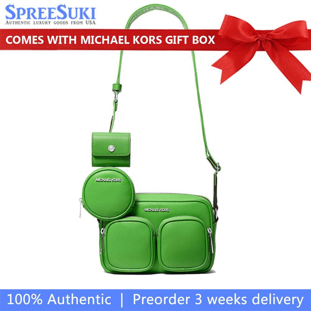 Michael Kors Jet Set Leather Medium Crossbody Bag With Case For Apple Airpods Pro Jungle # 35S5STTC2L